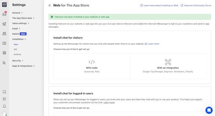 Intercom Screenshot: Installation Settings
