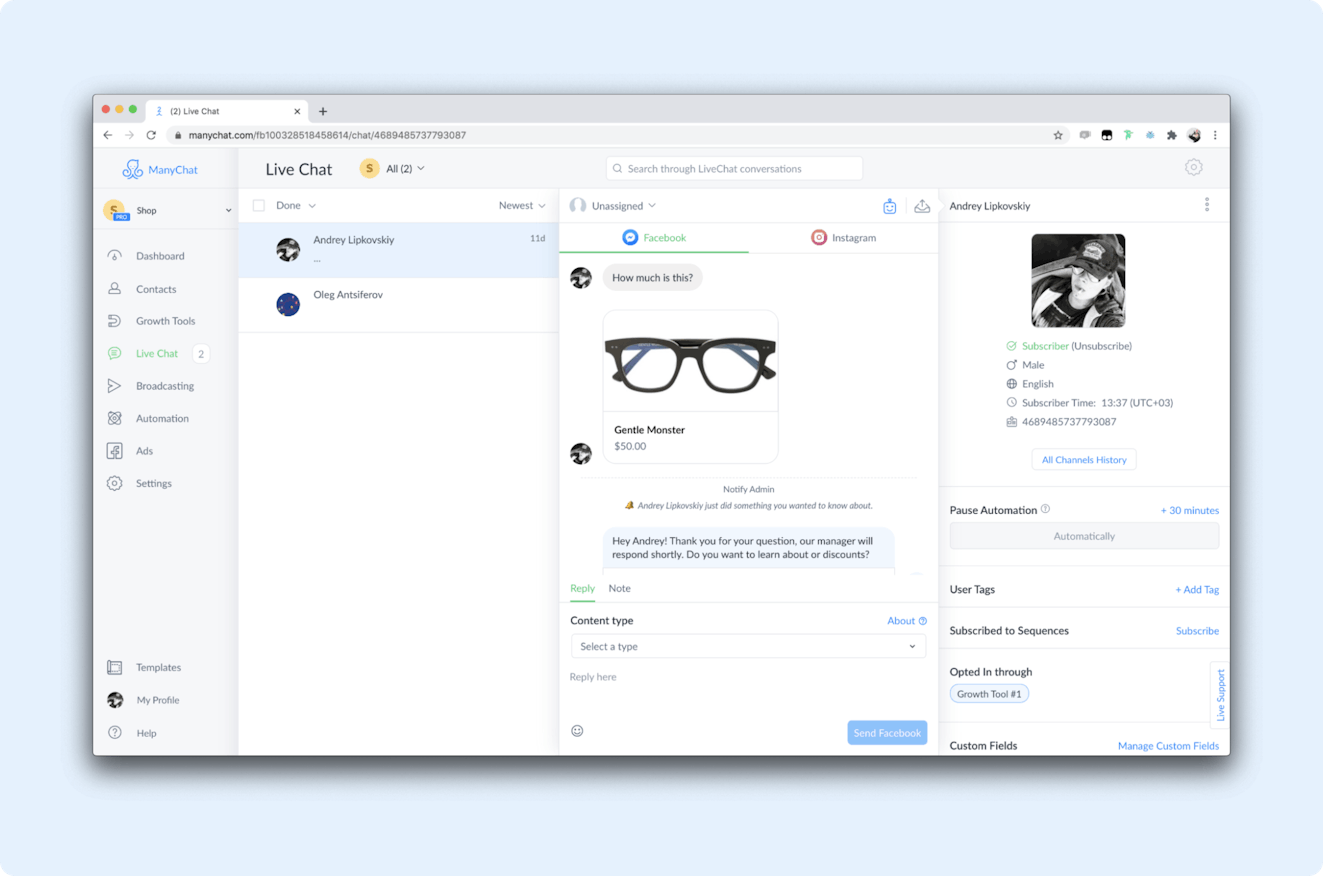 Ecommerce Chatbots - ManyChat Product Screenshot