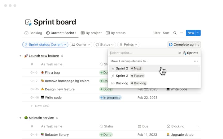 Product Screenshot: Notion (sprint board)