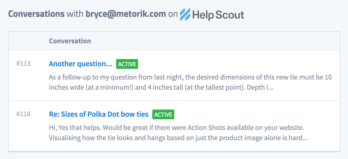 Metorik - Example of viewing Help Scout conversations within Metorik