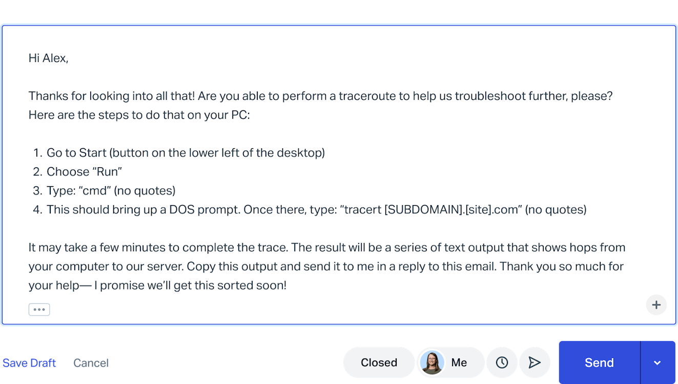 Help Scout customer response - Alex