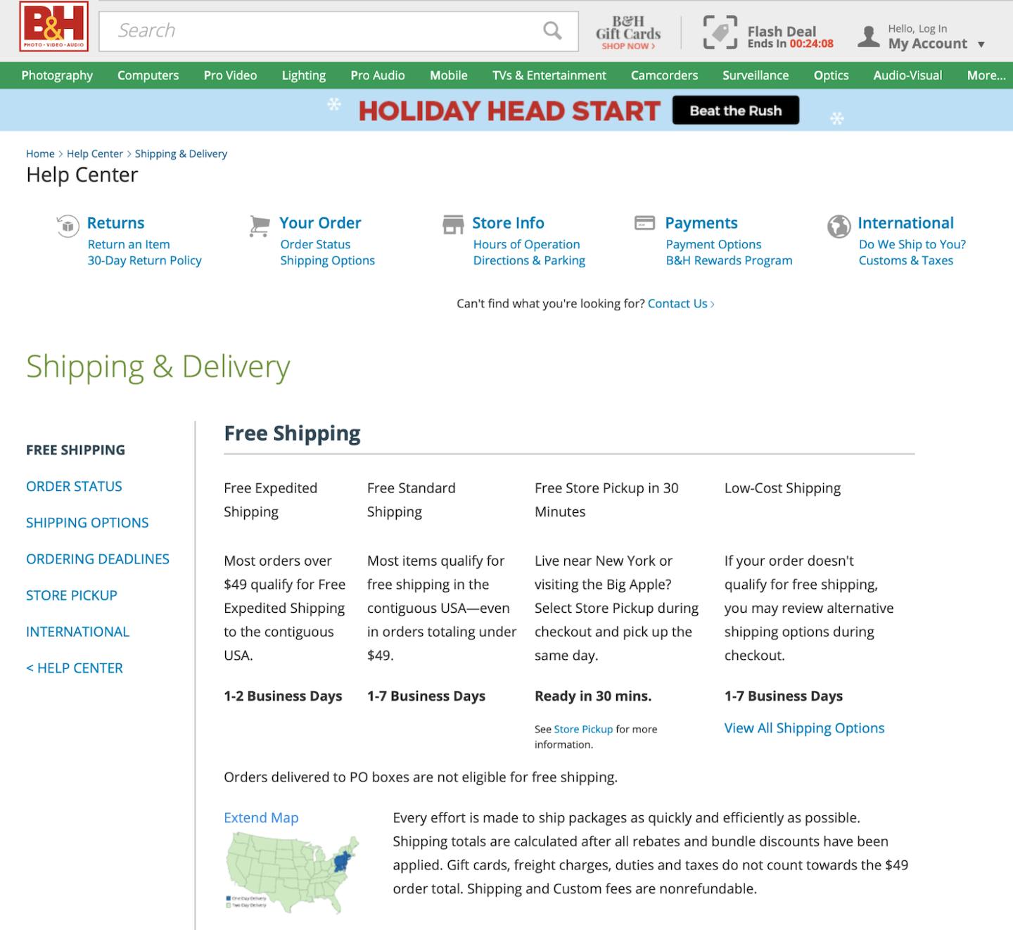 b&h photo shipping policy page example