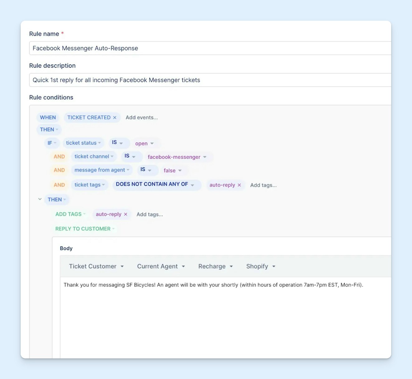 Product Screenshot: Gorgias (Facebook Messenger Rule)