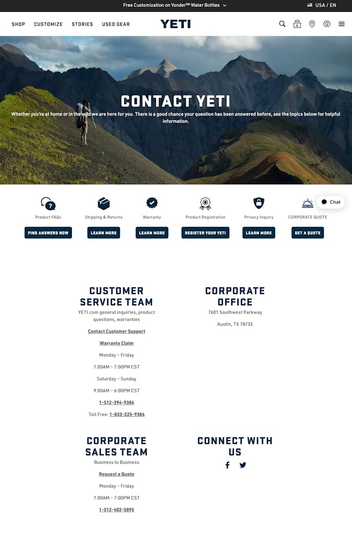 Contact Page: YETI