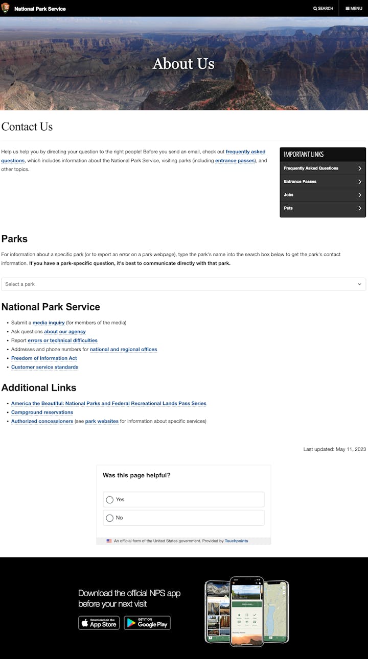 Contact Page: National Park Service