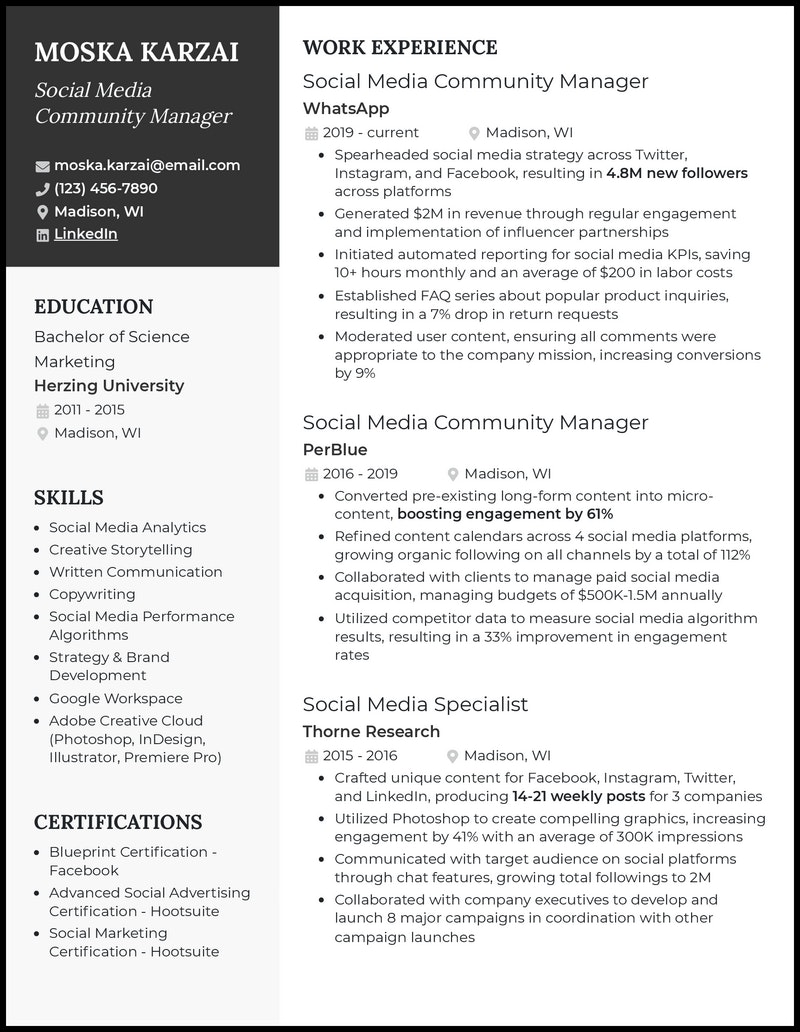 CS Resume Example - Community manager