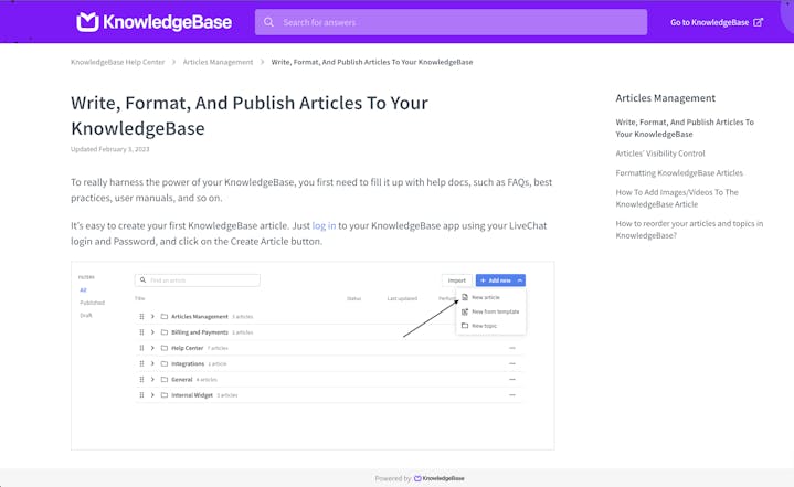 Product Screenshot: KnowledgeBase (LiveChat) Article
