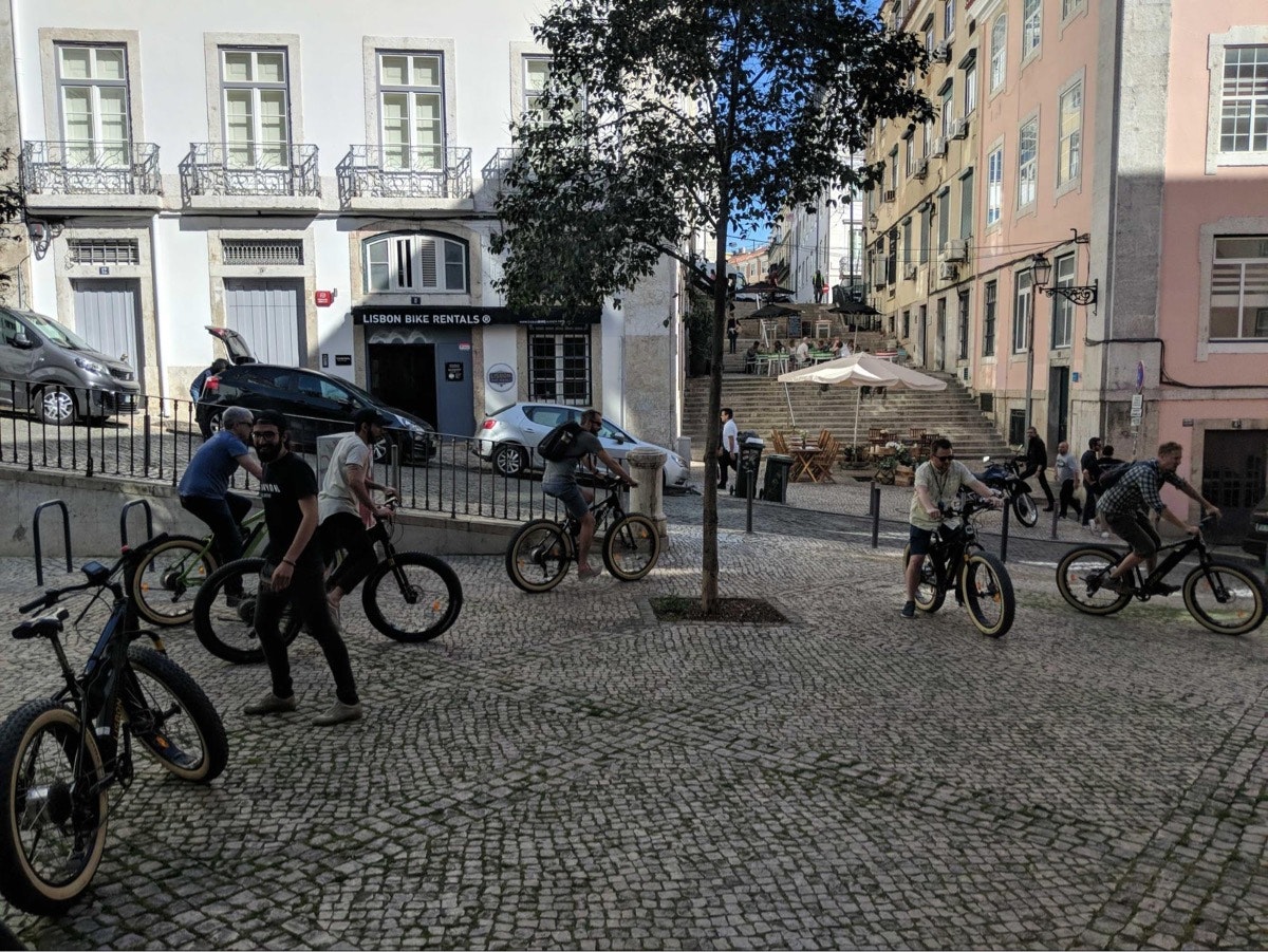 Some Scouts set off on a bike tour of Lisbon, Portugal.