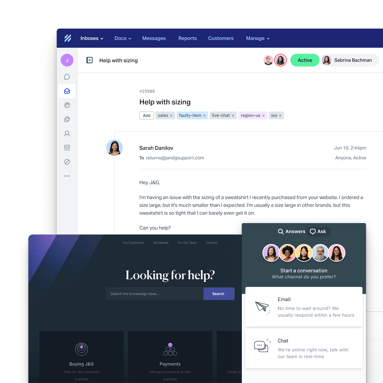 Screenshot of Help Scout's Inbox, knowledge base, and messaging products