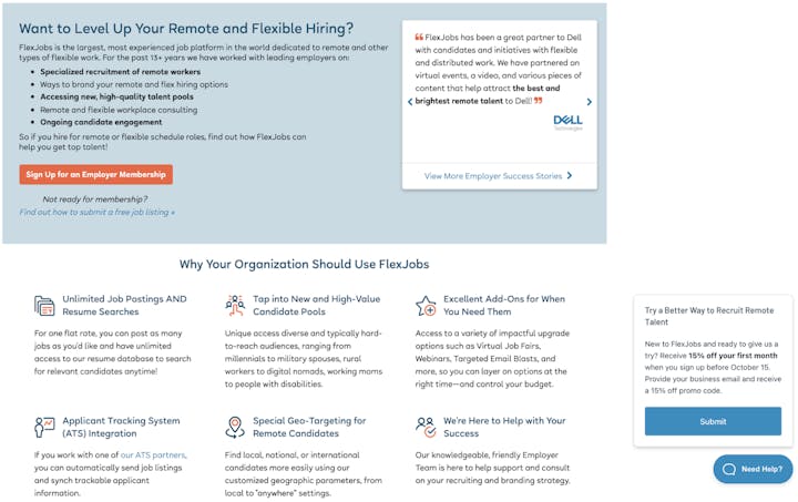 an example b2b message on the flexjobs site