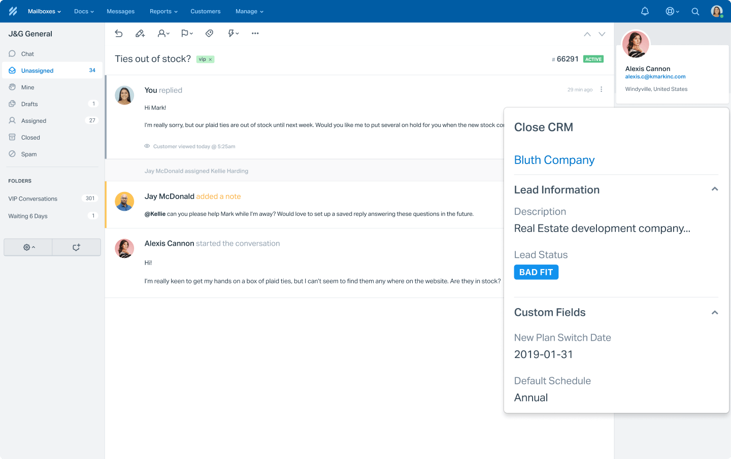 Close - Example of a Help Scout conversation with Close integration
