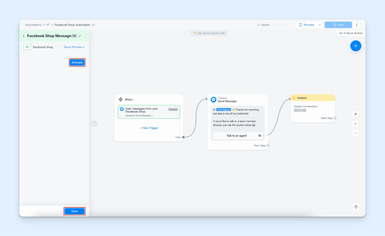 Product Screenshot: Manychat (Chatbot flow for Facebook Shop)