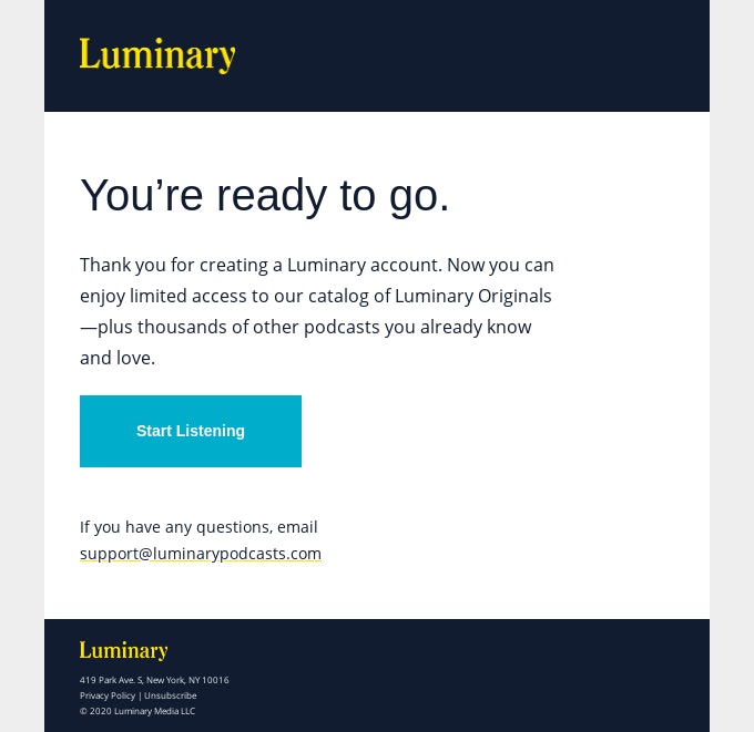 Luminary’s welcome email