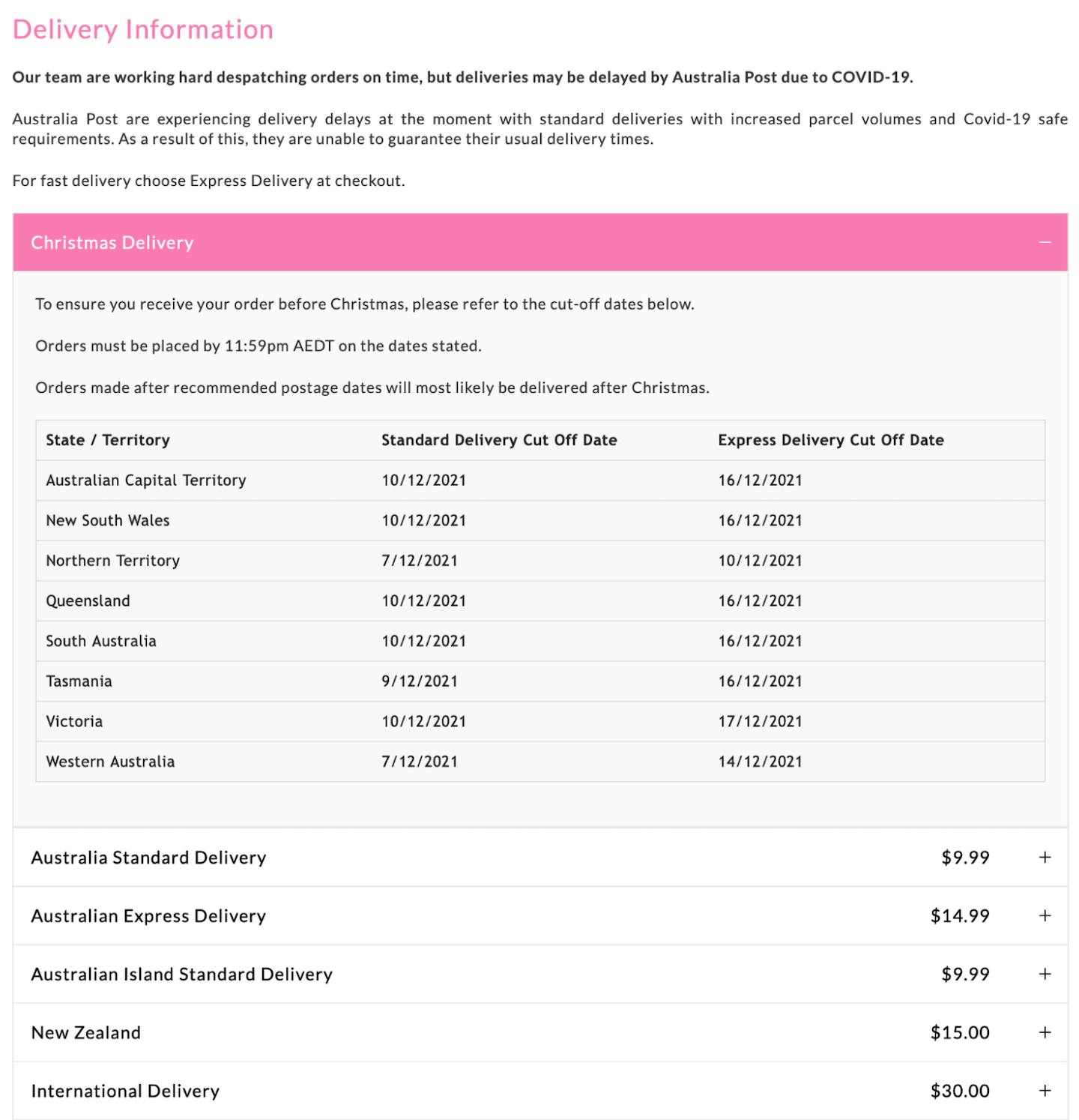peteralexander shipping policy page example