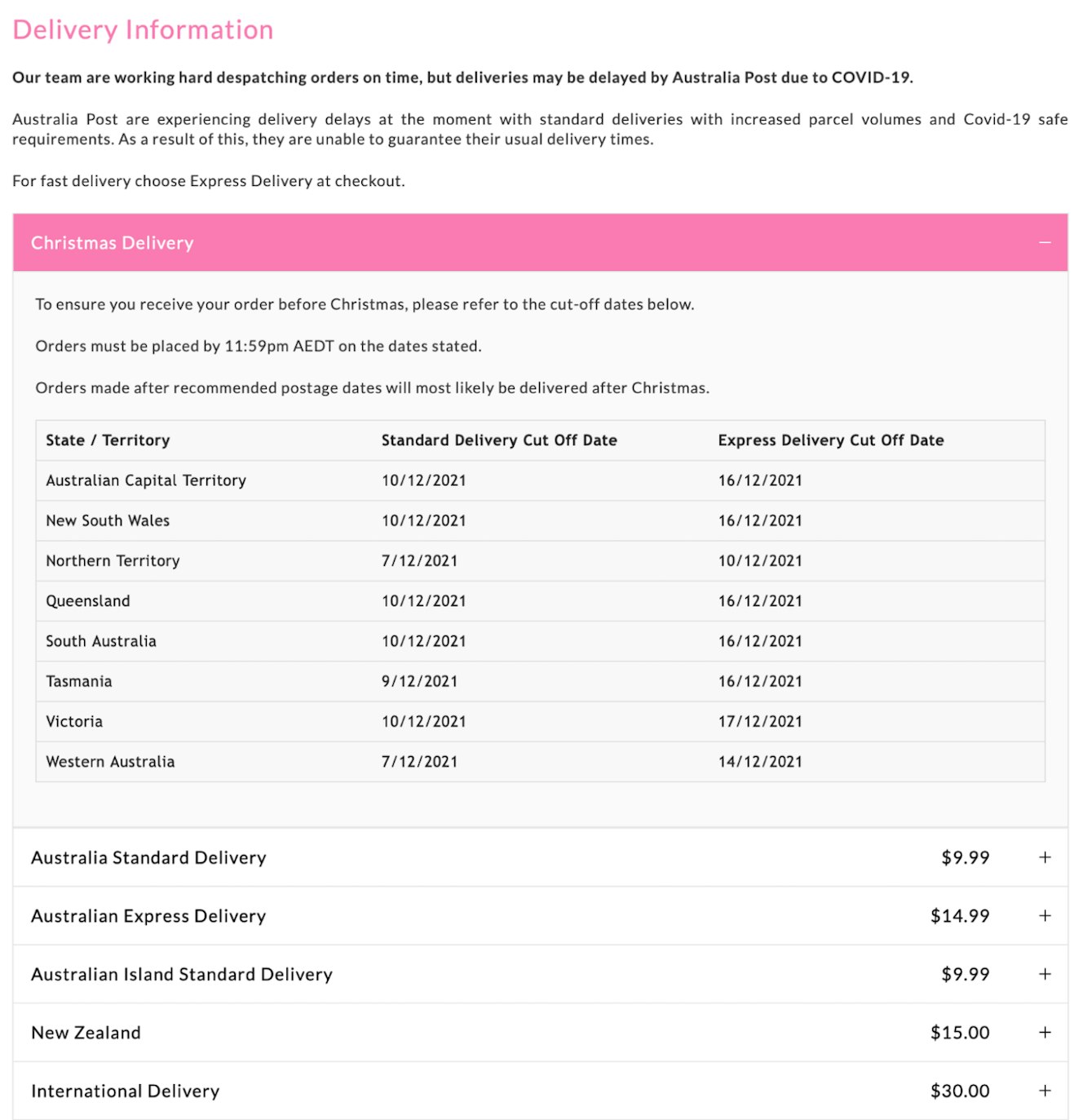 peteralexander shipping policy page example