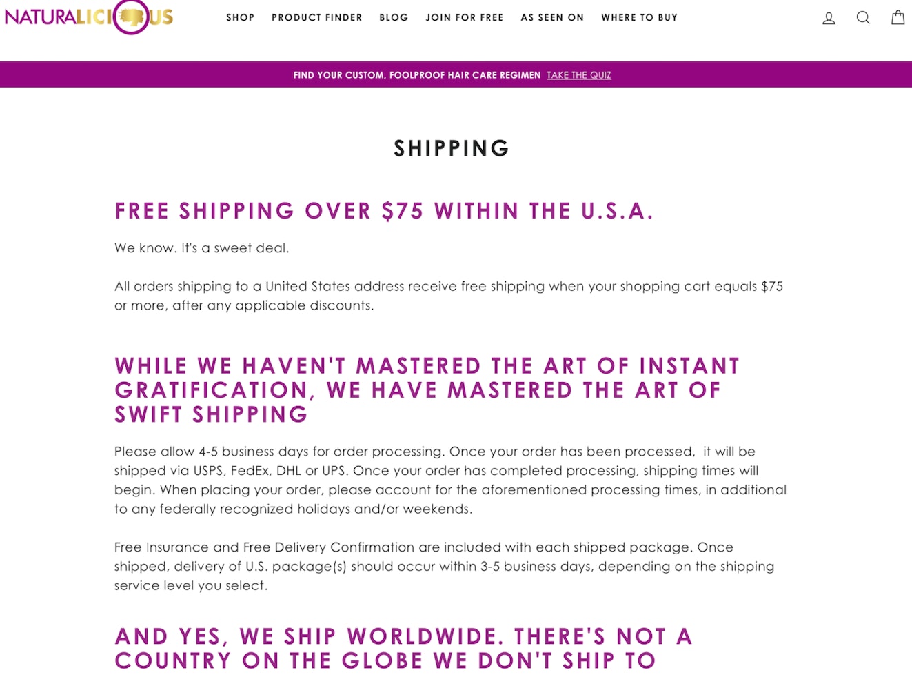naturalicious shipping policy page example