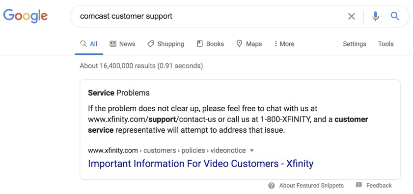 google featured snippet showing customer service phone number