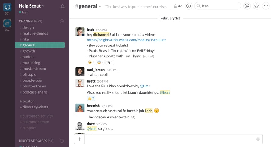 The team responds to video update on Slack