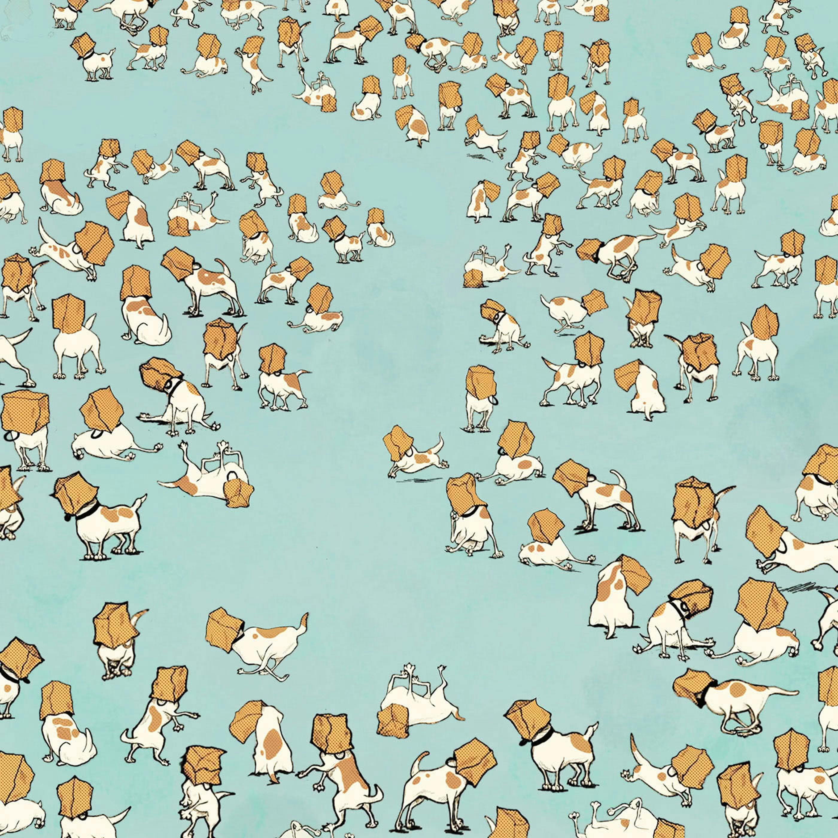 illustration representing 25,000 Jack Russell terriers with their heads stuck in paper sacks