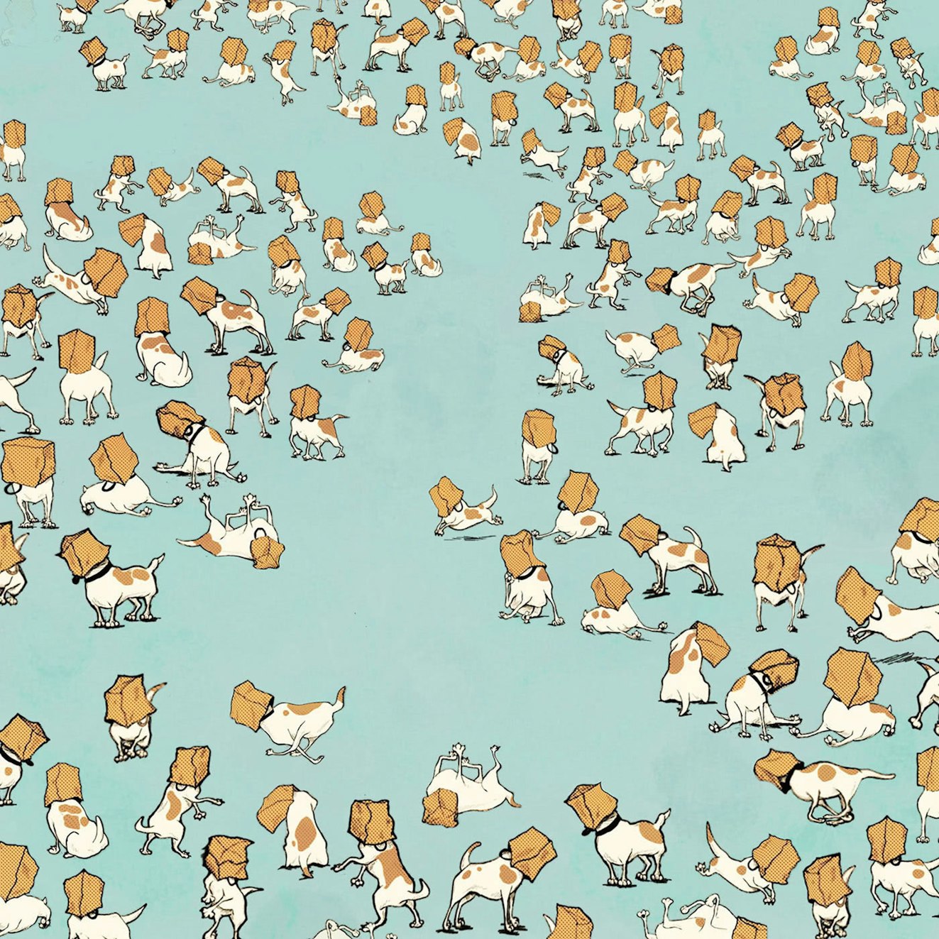 illustration representing 25,000 Jack Russell terriers with their heads stuck in paper sacks