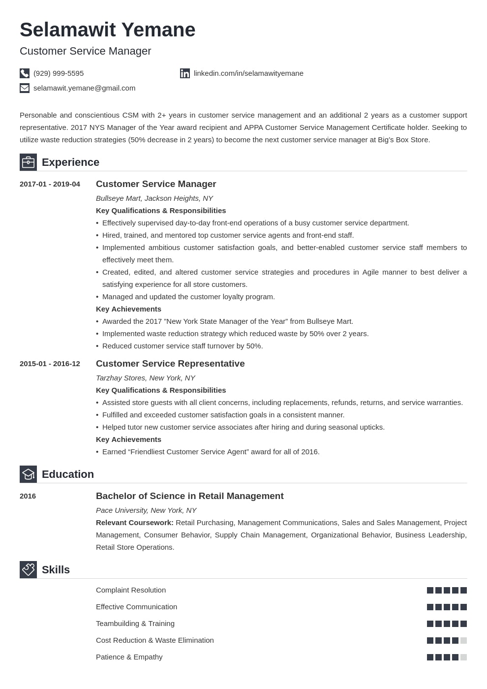 CS Resume Example - Customer service manager