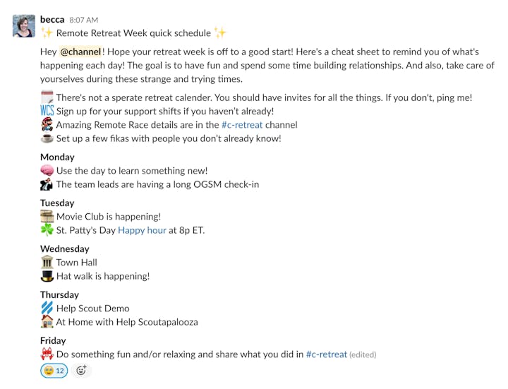 remote retreat updates in slack