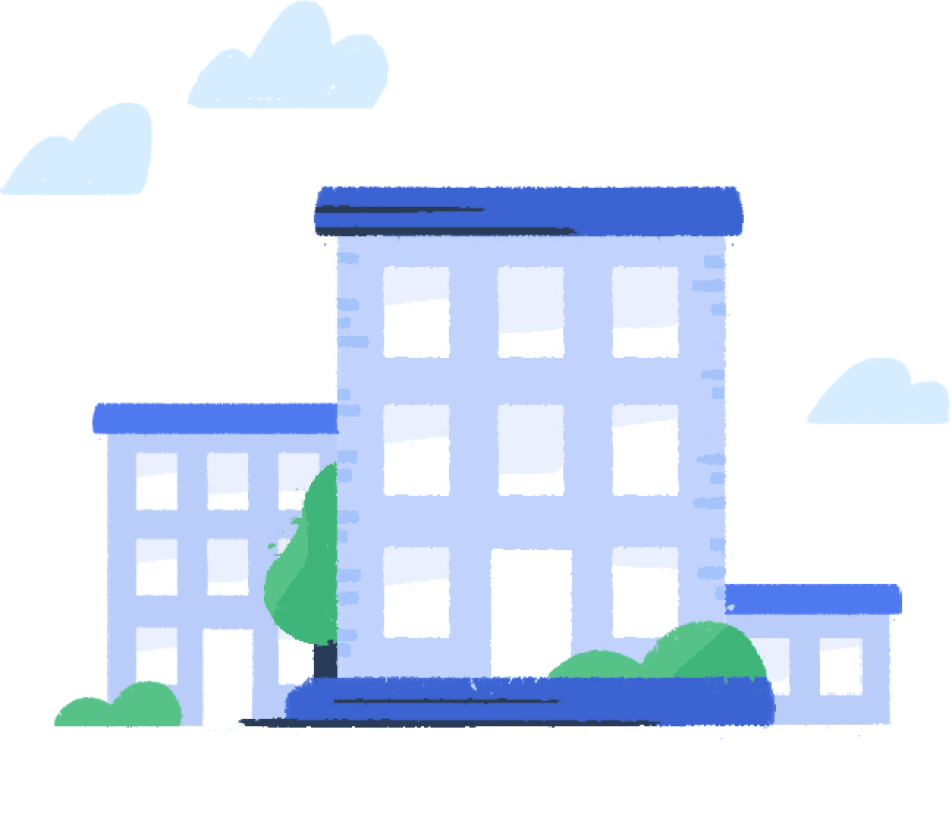 a pair of buildings with clouds and trees