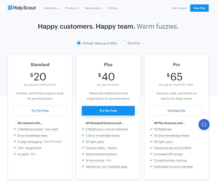 Help Scout Pricing Page Screenshot (Sept 2023)