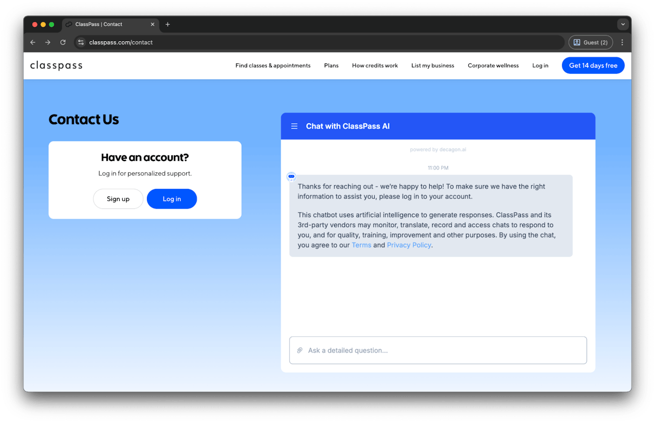 Contact Us Examples - Classpass