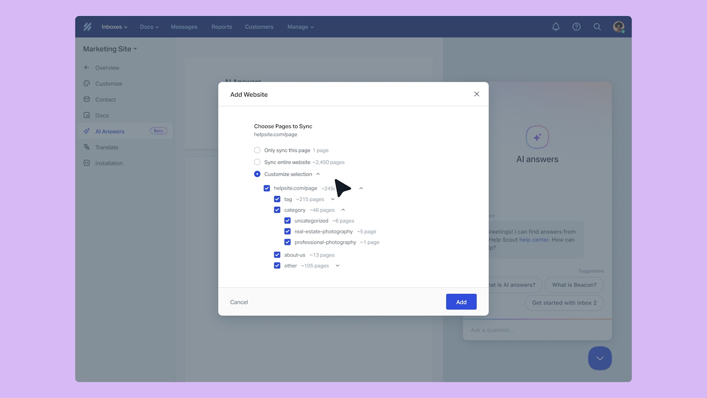 AI Answers Website Content Selector