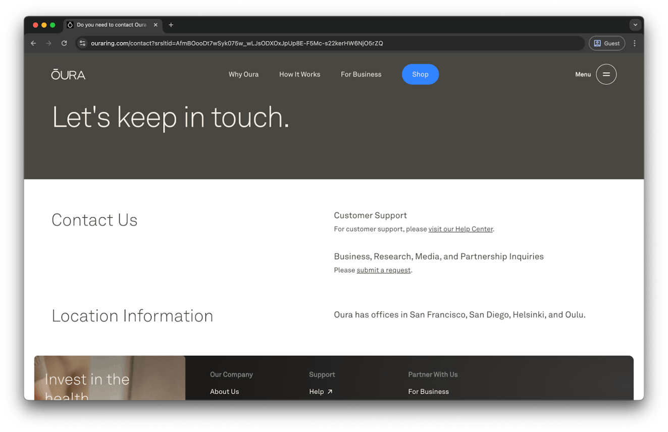 Contact Us Examples - Oura