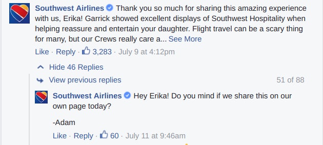 Facebook comments from Southwest