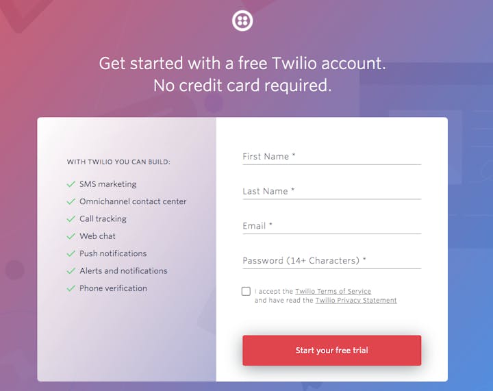 Twilio’s sign-up page
